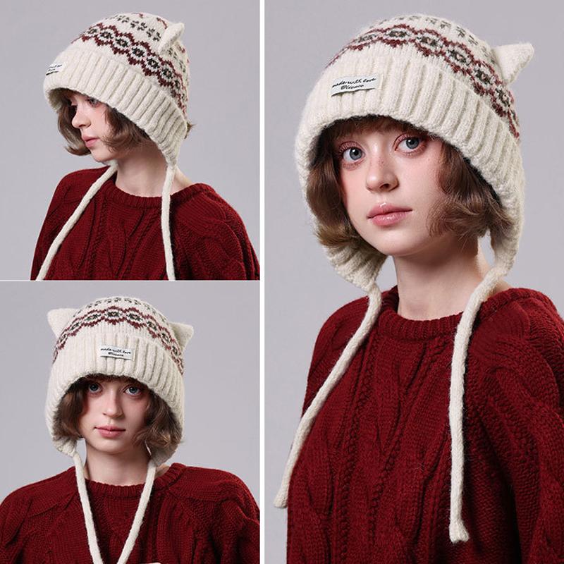 Autumn Winter Cartoon Cat Ears Knitted Hat for Women's Outdoor Wool Hat