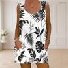 Women Plus Size Black White Tropical Leaf Printed Ring Strap Sleeveless Tank Top Pocket Shorts Two Piece Set