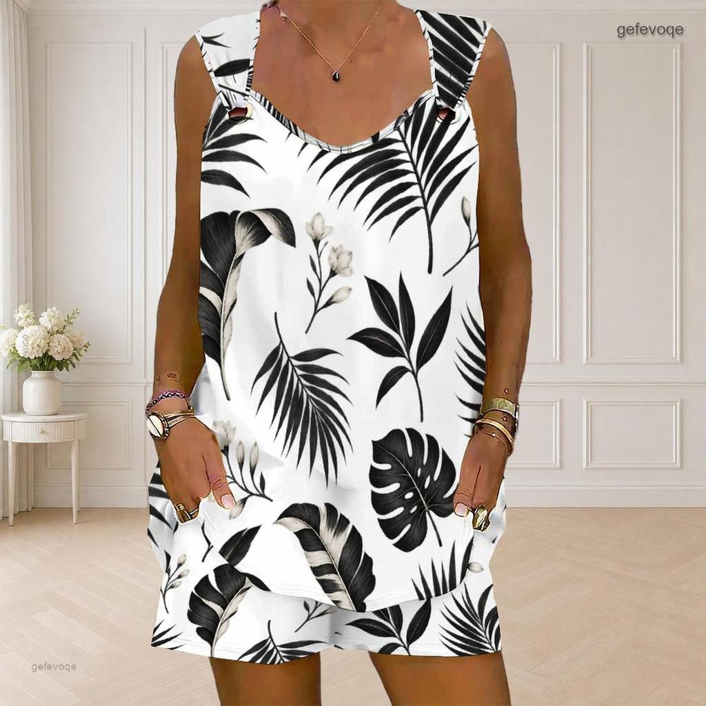 Women Plus Size Black White Tropical Leaf Printed Ring Strap Sleeveless Tank Top Pocket Shorts Two Piece Set
