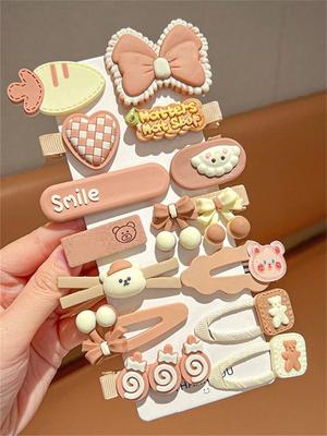 14-piece Hairpin Set Ladies Coffee Color Series Cute Hairpin Set Bow Bear Side Clip Hair Accessories