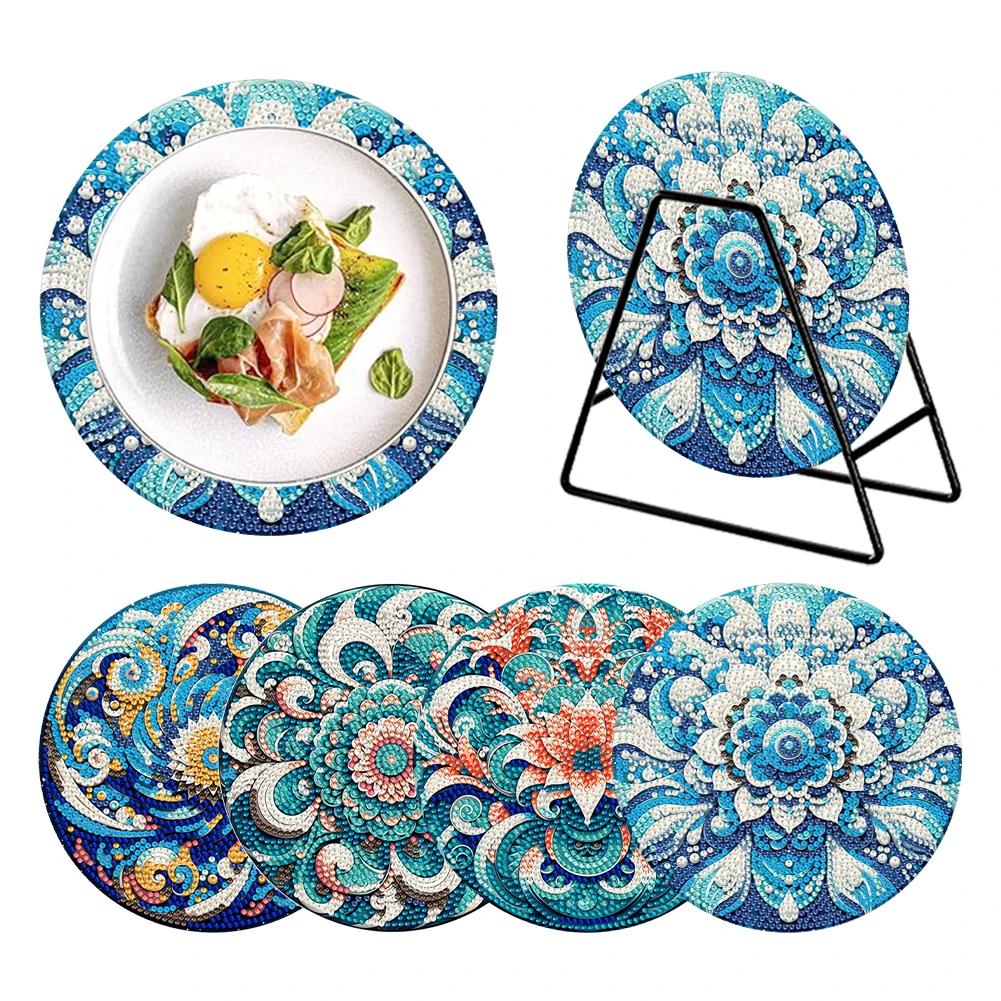 

4 Pcs Kitchen Dish Mat Garden Flower Diamond Painted Placemats Thermal Insulation Placemat Mandala Acrylic Eco-Friendly Placemat