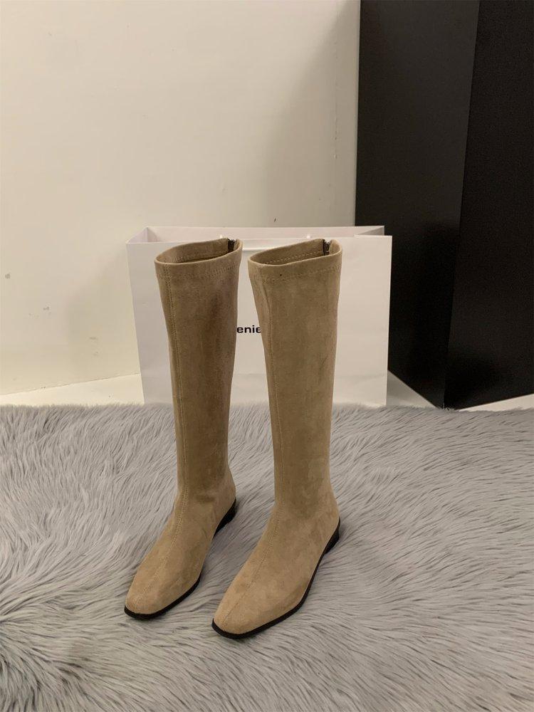 Semišové tenké dlouhé kozačky na silném podpatku se špičatou špičkou dámská obuv 2025 nové podzimní a zimní korejská verze dlouhé kozačky středně vysoké jezdecké kozačky