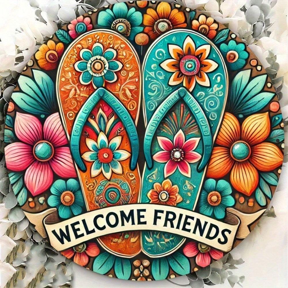 

Metal Wall Art Sign Vintage Welcome Friends Round Tin Sign for Kitchen Bar Garage Decor