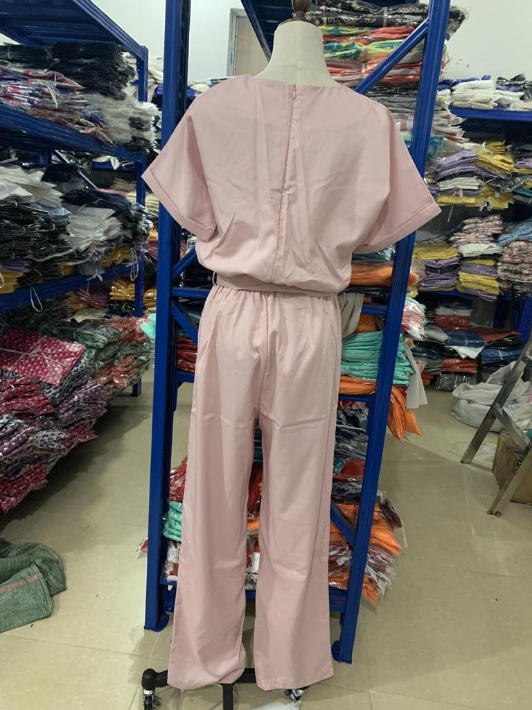 INS Summer V-neck Short Sleeve Elastic Waist Jumpsuit with Patch Pockets for Women