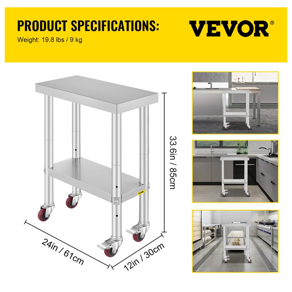 SucceBuy Stainless Steel Kitchen Worktable shelves Commercial Work Bench Table with Caster Wheels for Home Restaurant Storage
