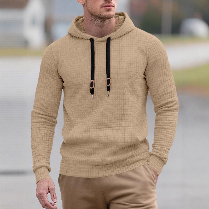 European Size Men's Casual Pullover Jacquard Pocket Sweater Small Square Quilting Cotton Fabric Hooded