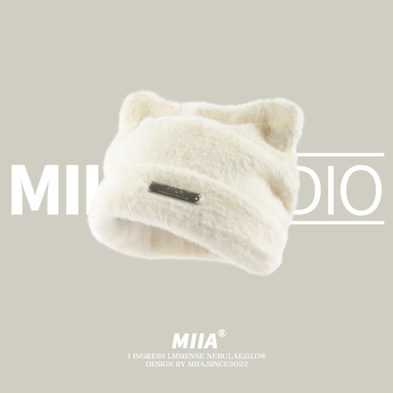 New cute cat ears imitation mink knitted hat cold hat wool hat women's fashion versatile headhat tide