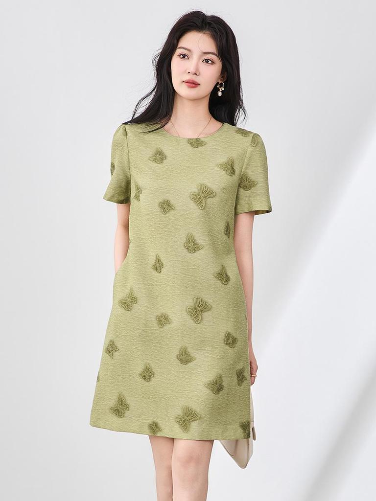 Tencel Linen A-line Dress with Butterfly Embroidery - French Style Slimming Fit for Women