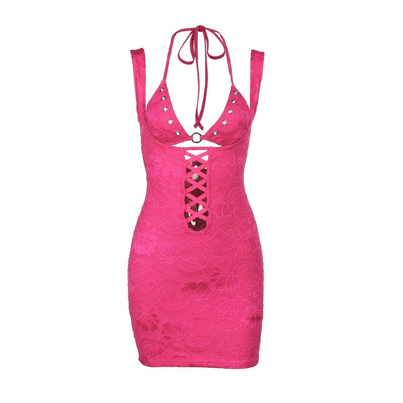 Jarní žakárové šaty s volánky, sexy duté štíhlé šaty s kovovou přezkou a ramínky