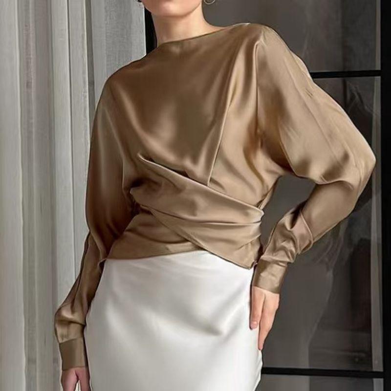 

Модный стиль Новинка Женский атлас Атласная элегантность Топы с длинными рукавами Асимметричная рубашка с драпировкой Рубашка Рубашка Топ Khaki L