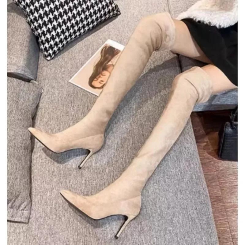 New Women High Heels Slip On Over The Knee Sexy Long Boots Female Platform Ankle Patchwork Flock Two Ways Wear Plus Size 35-42