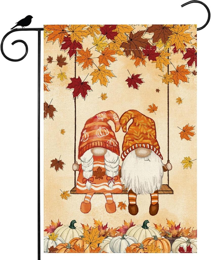 Fall Gnomes Swing Maple Leaves Pumpkins Autumn Garden ag Yard ag 12x18 Inch Double Sided Small Mini Yard Outdoor Outside UUN