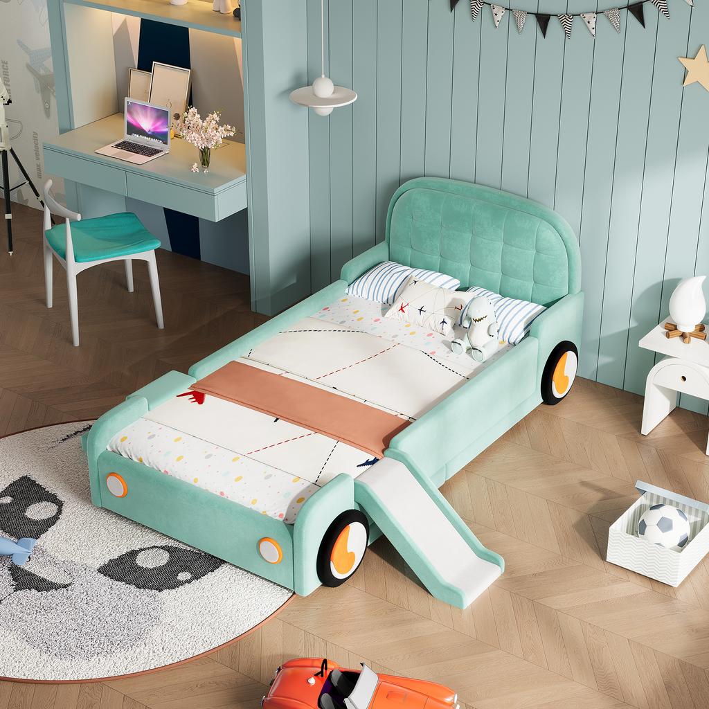 Bett, Autofahrerbett mit Rutsche und Treppe, Links/Rechts montierbar, Polsterbett in Petrol, Spielbett mit Absturzsicherung für Kinderzimmer, 90x200 cm