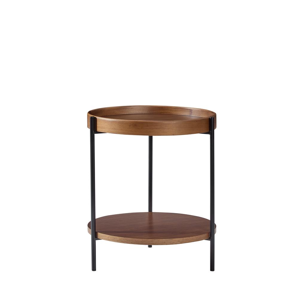 Coffee table with 2-tier tray design, round, solid wood & metal, in 3 colors: Ash Natural / Walnut / Black, combinable with side table (44x44x48 cm)