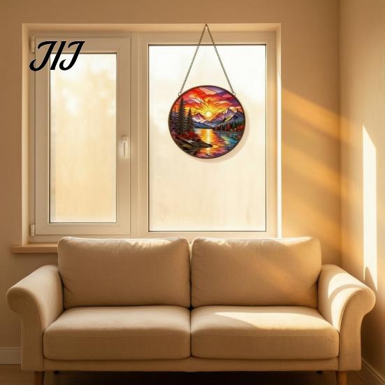 Window Light Refracting Art Stained Glass Style Suncatcher, Mountain Sunset Landscape Hanging Ornament, Colorful Artistic Sunlight Reflector