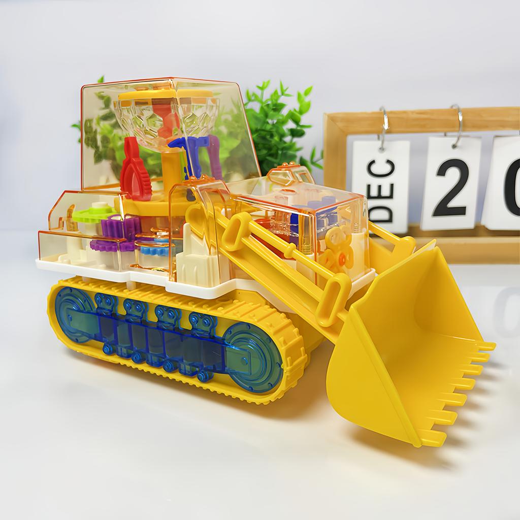 Transparent Push Bulldozer Toy Car, Toy with Light and Happy Music Functions, Automatic Shutter Function, Night Light Effect,Batteries Not Included
