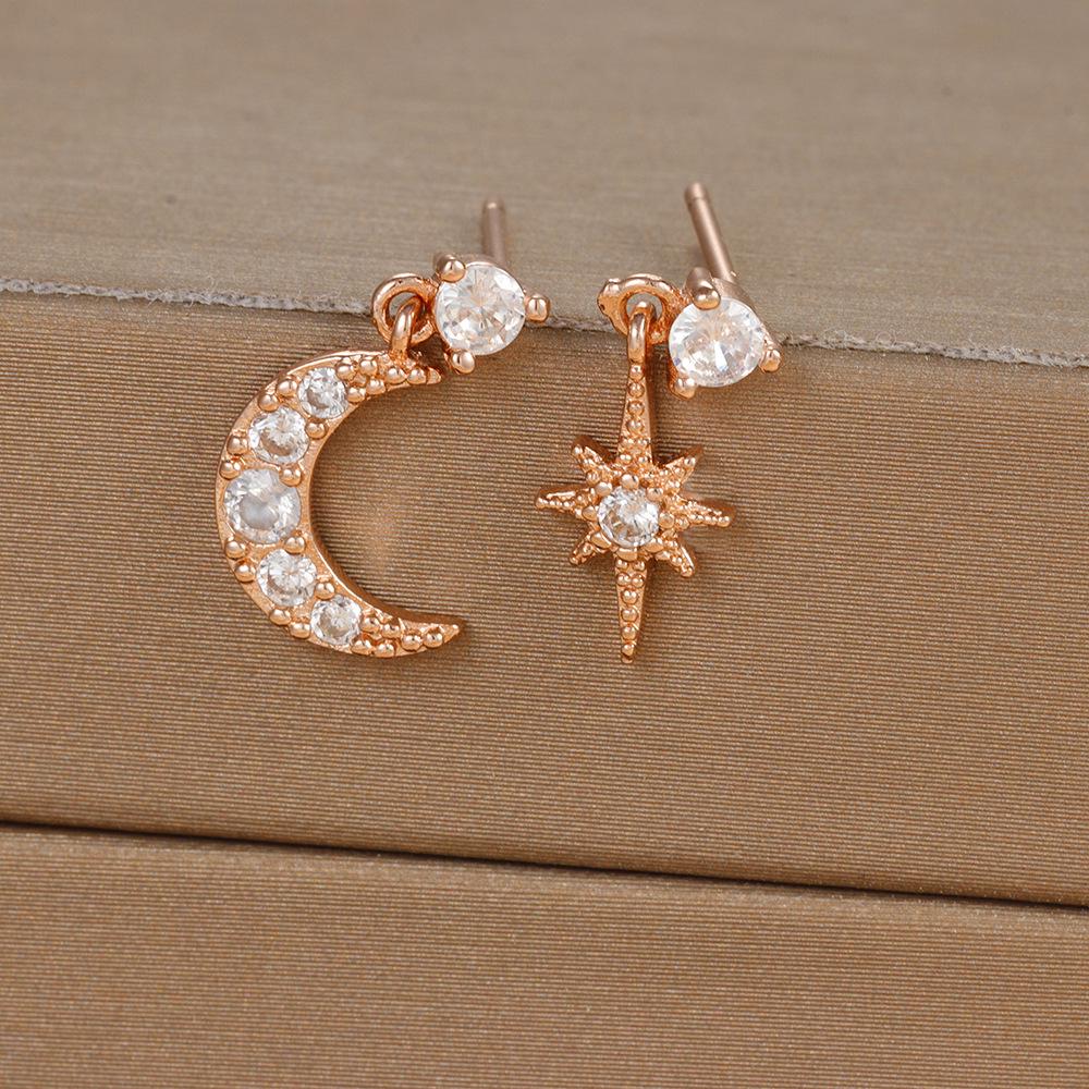 18K Gold-Plated Zircon Stud Earrings: Asymmetrical Star & Moon Design with S925 Silver Needle