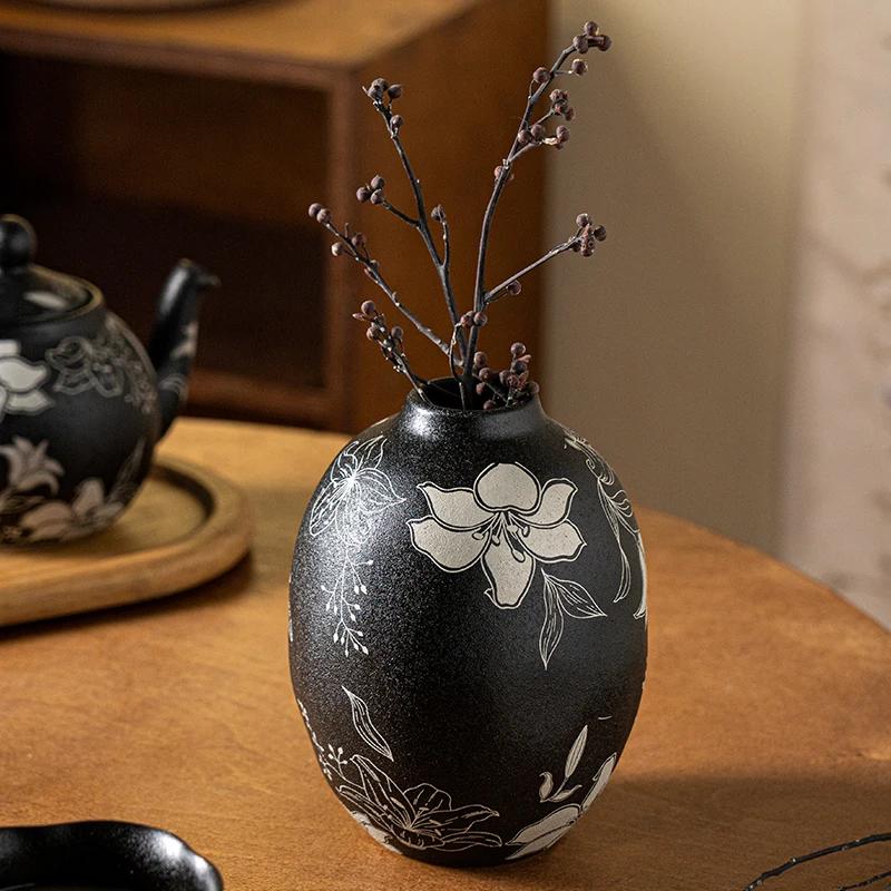 Creative Unique Black Ceramic Vases Home Living Room Desktop Decoration Exquisite Dining Table Flowers Arrangement Vase