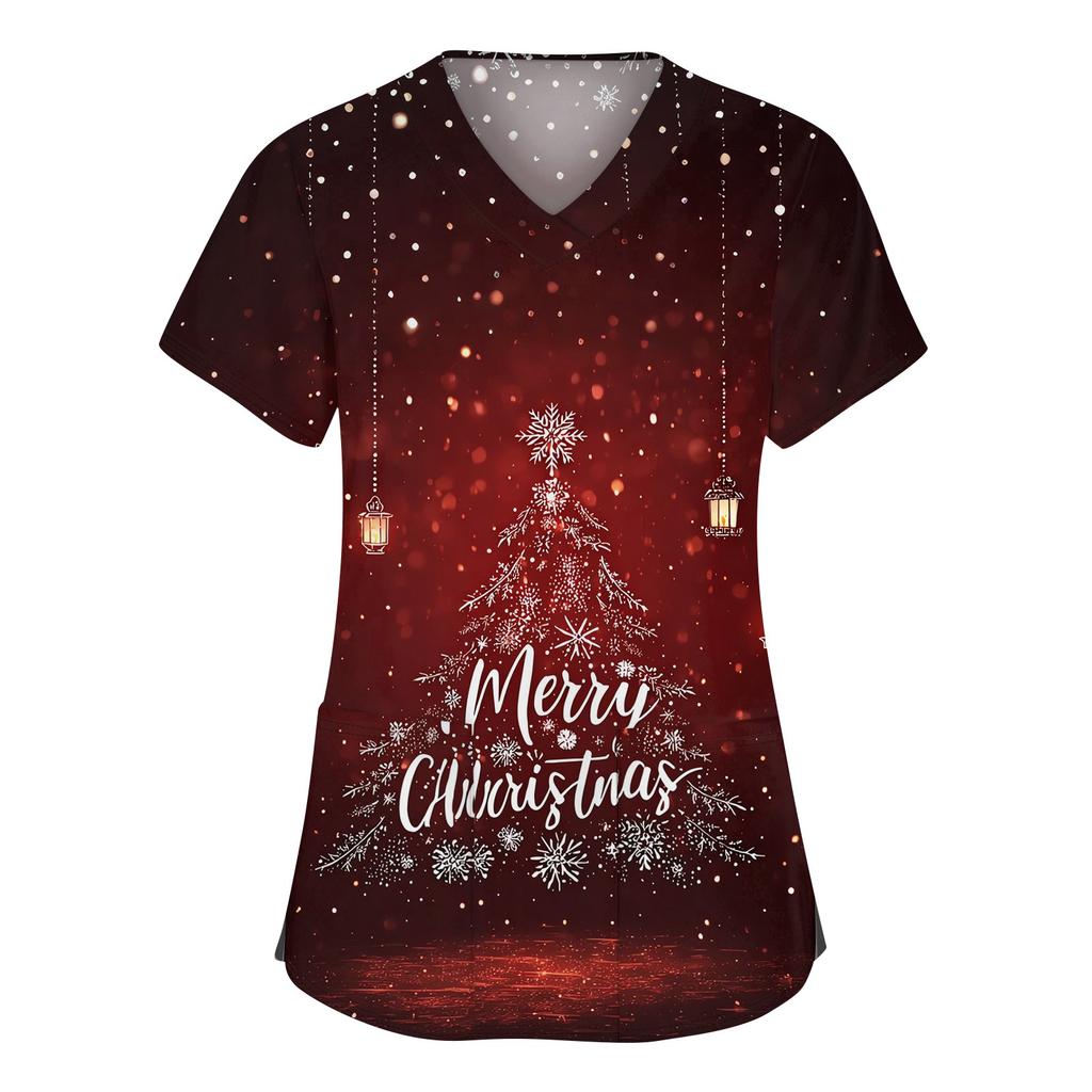 Women's Fashion V-neck Short Sleeve Workwear With Pockets Christmas Printed Tops