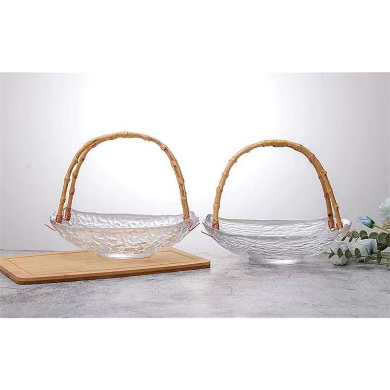 Nordic Style Rattan Glass Fruit Basket Snack Plate Retro Living Room Storage Candy Box Light Luxury Tea Table Handheld Fruit Plate