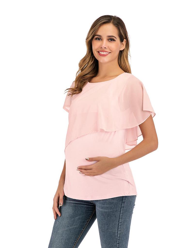 2023 Women's Chiffon Patchwork Maternity Nursing Top, Summer Short Sleeve