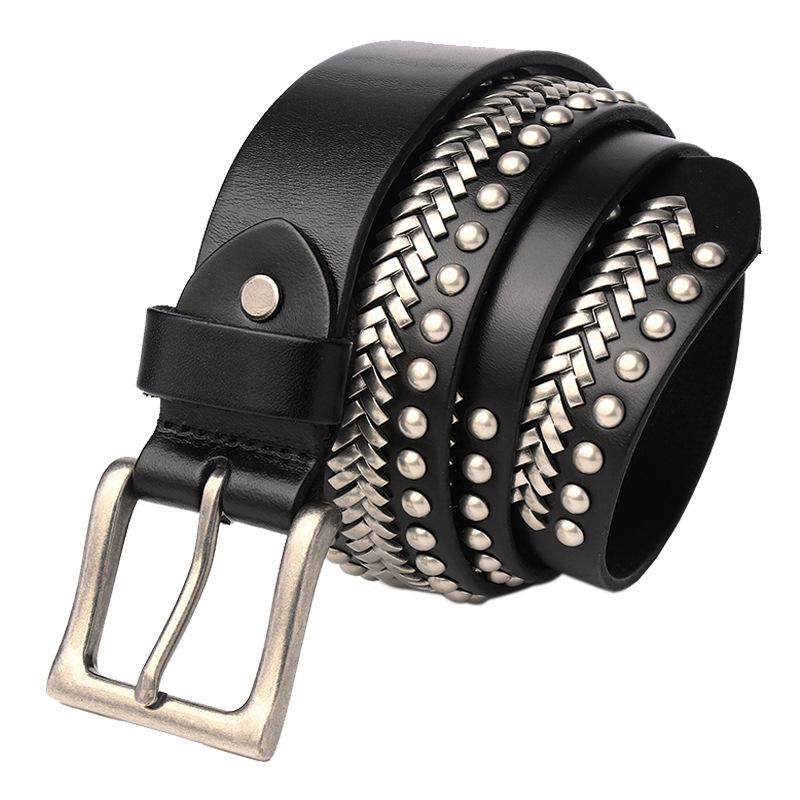 

100% Top Grain Genuine Cowhide Leather Belt Luxury Brand Pin Buckle Belt for Men Fashion Rivet Jeans Belts 3.8cm Width 115CM чорний