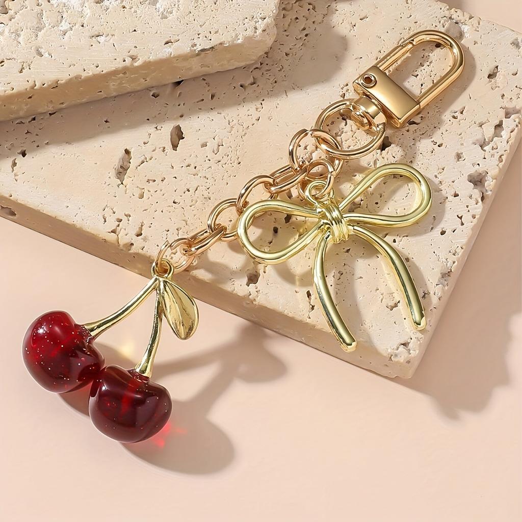 Simulation Crystal Cherry Keychain Bow Pendant Fruit Design Bag Accessories Couple Family Keychain Pendant