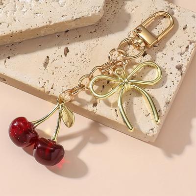 Simulation Crystal Cherry Keychain Bow Pendant Fruit Design Bag Accessories Couple Family Keychain Pendant