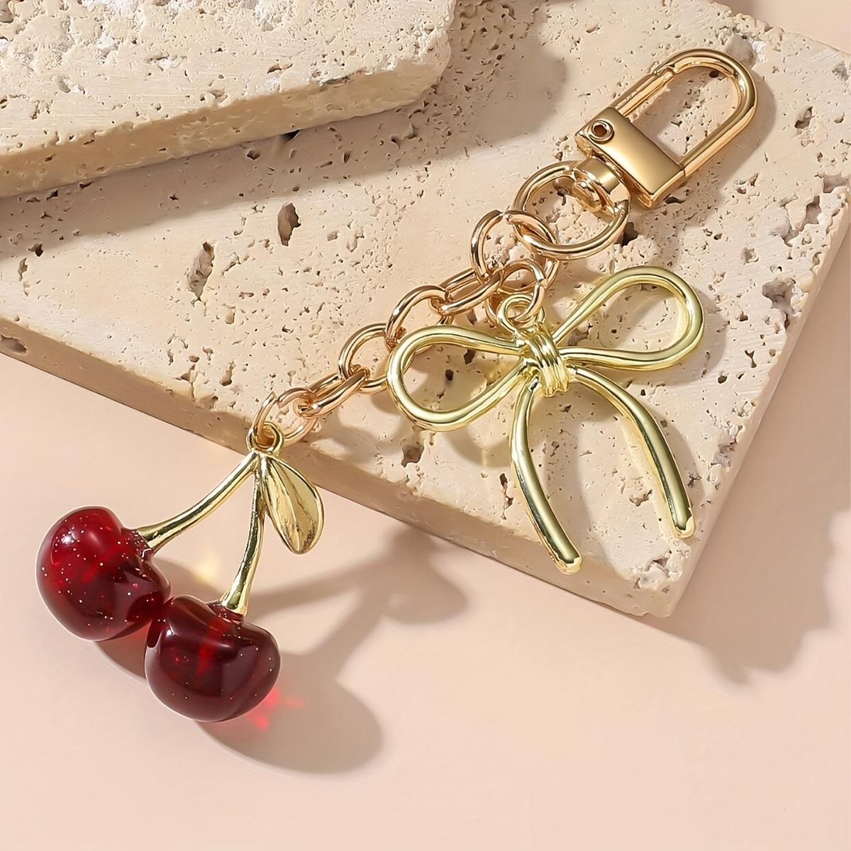

Simulation Crystal Cherry Keychain Bow Pendant Fruit Design Bag Accessories Couple Family Keychain Pendant