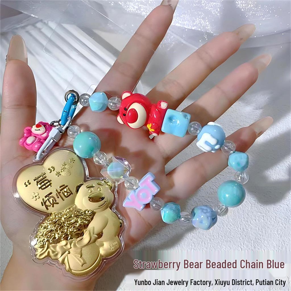 Gold-Plated Strawberry Bear Keychain & Phone Charm with Beads and Crystal Accents