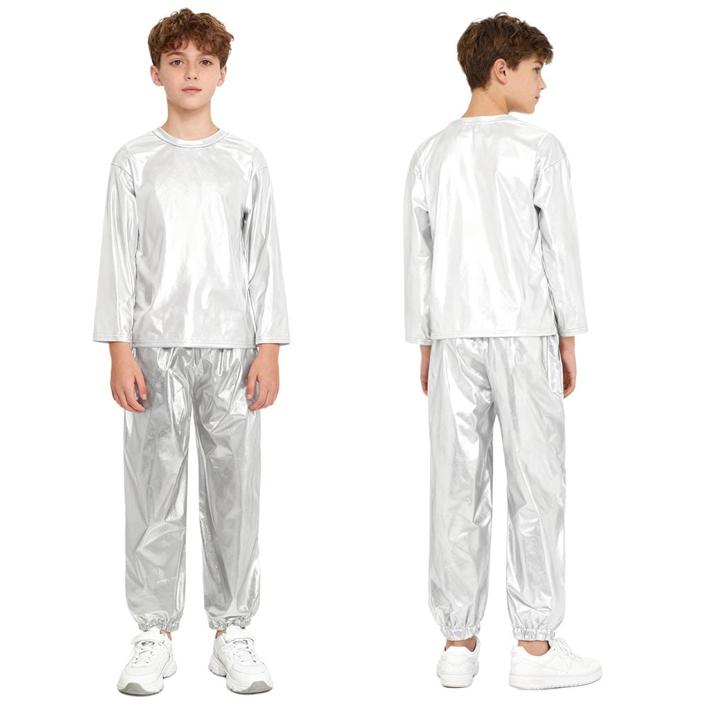 Kids Girls Dance Performance Outfit 2-Piece Set: Metallic Shiny Long Sleeve T-shirt & Matching Shiny Pants for Stage & Party