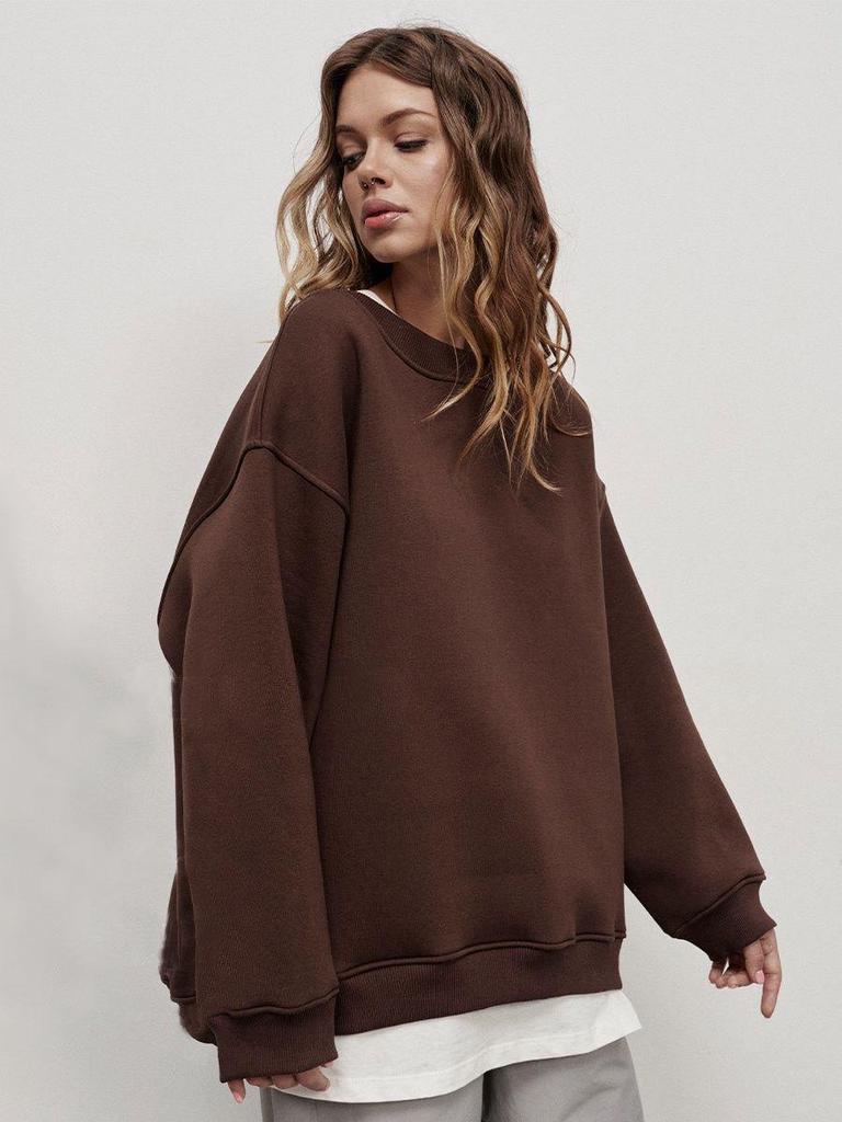 Women's European & American Oversized Fleece Crew Neck Sweatshirt - Solid Color for Autumn/Winter 2025