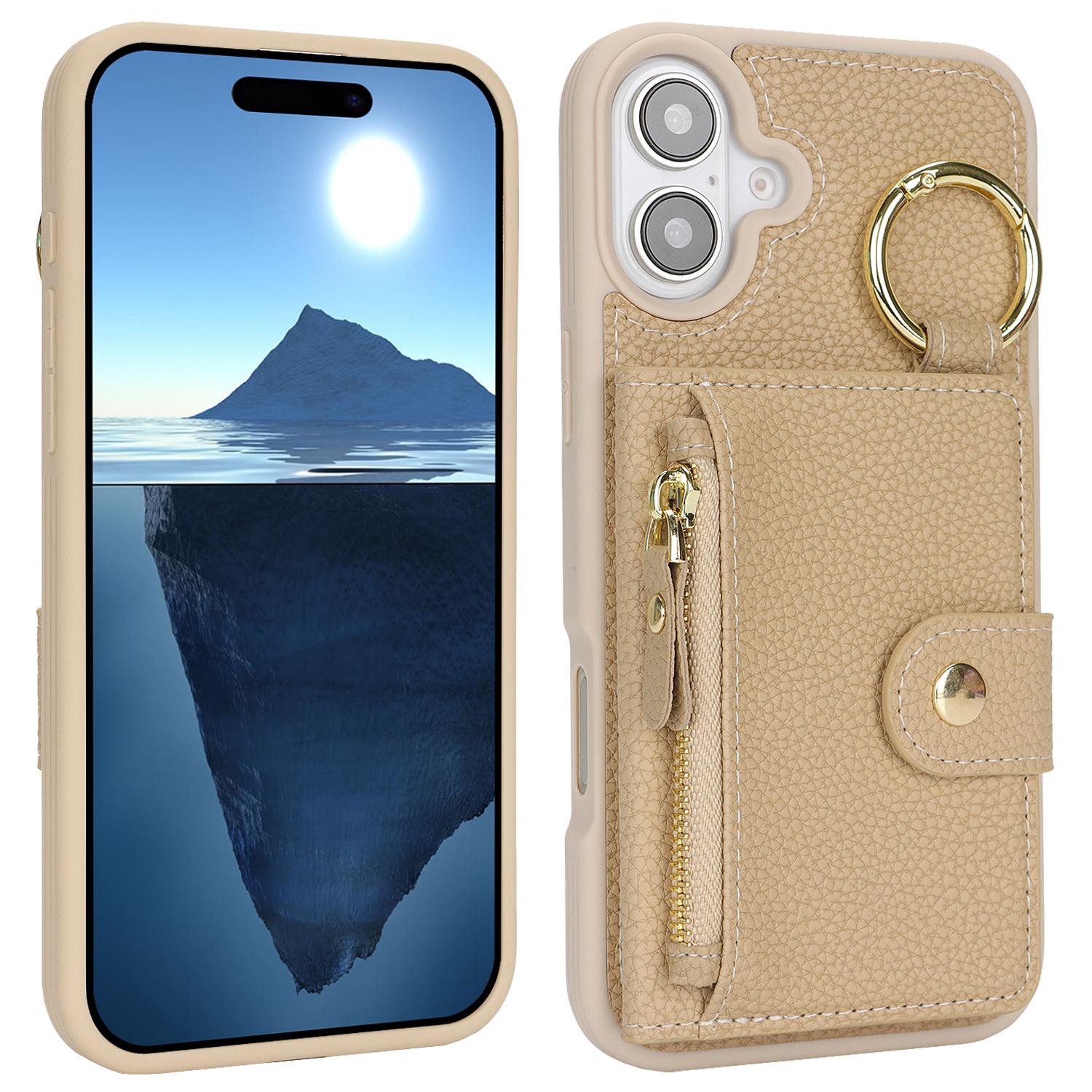 For iPhone 16 Case Litchi Texture PU Leather + TPU Zipper Wallet Kickstand Phone Cover D