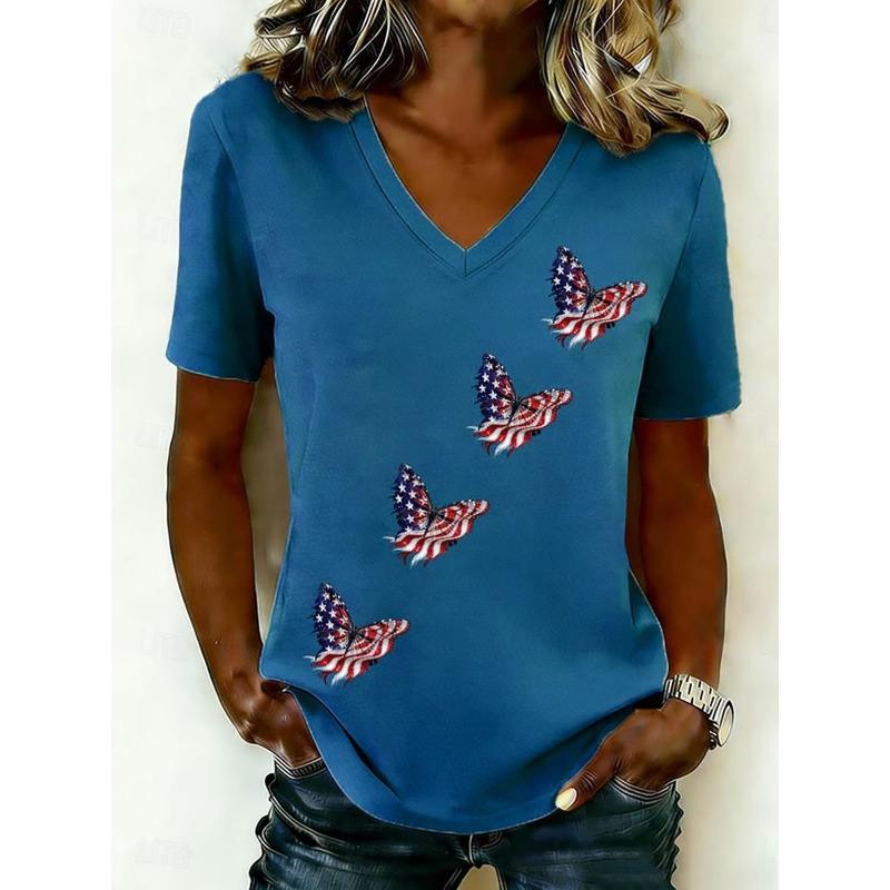 

Women s T Shirt Print Graphic Flag American Flag Vintage Stylish Classic Short Sleeve V Neck Regular Tops Summer Spring 5XL