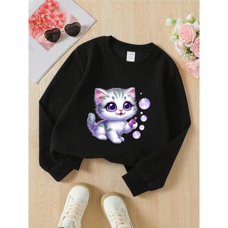 Unisex Crewneck Sweatshirt - Cute Kitten Bubbles Purple Eyes Fluffy Machine Washable, Spring And Autumn, Sportswear And Casual Wear, Soft