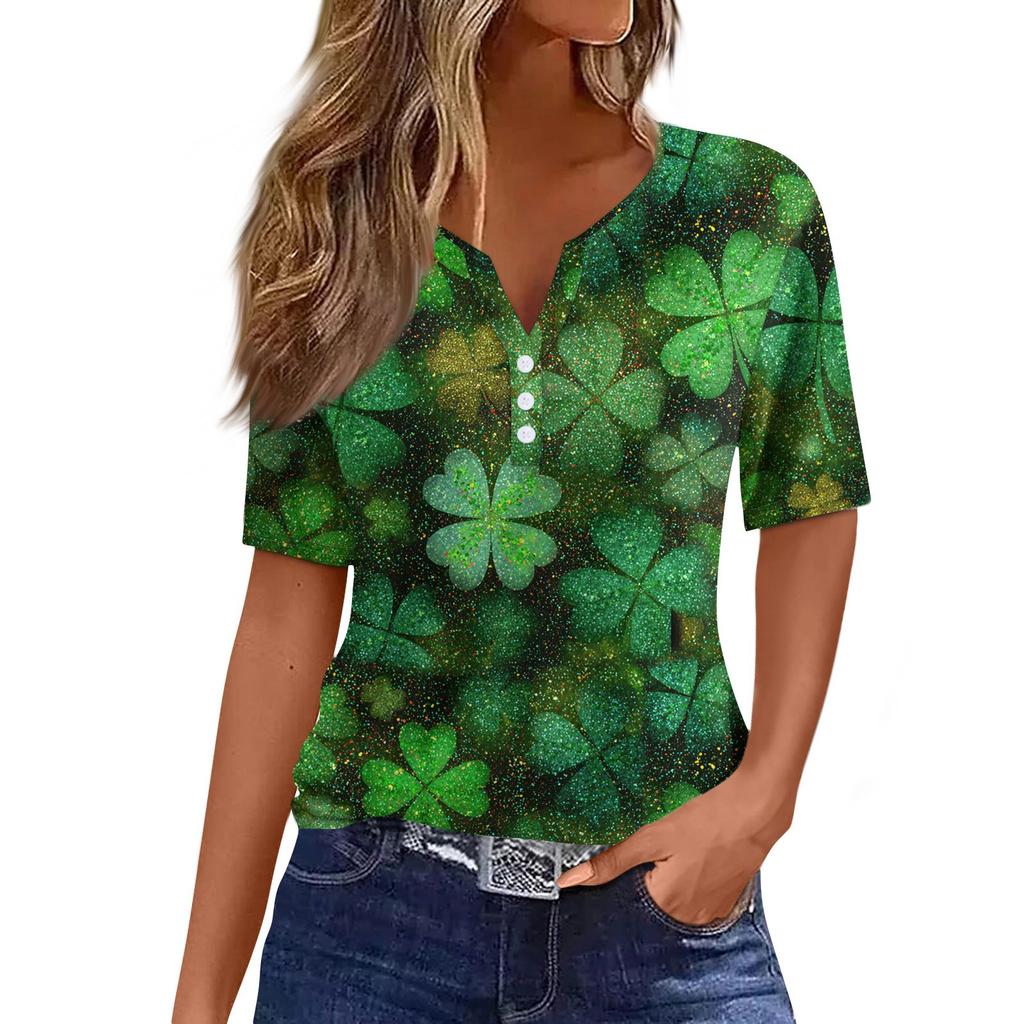 Women's T Shirt Tee Print Button Short Sleeve Daily Weekend Fashion Basic V- Neck Regular Top  St. Patrick's Day
