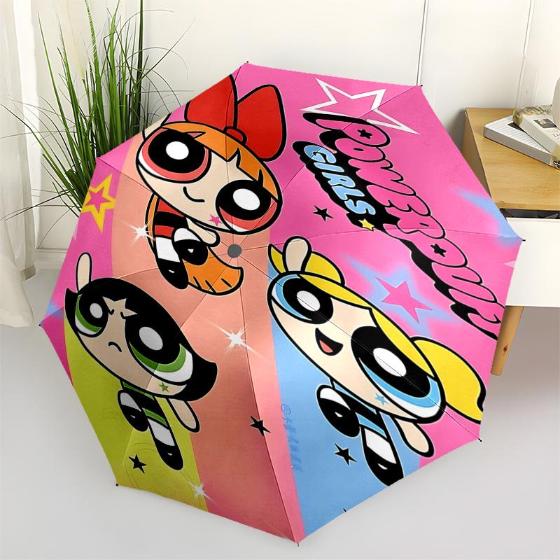 Powerpuff Girls Automatic Opening/Closing Umbrella - Portable 3-Fold Design with 8-Bone Steel Frame - for Fans, Travelers, and Everyday Use
