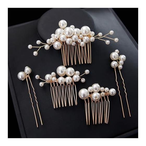 Pearl Hair Pins Set of 5, U-Shaped Hair Accessories for Women, Bridal Hair Jewelry for Wedding, Party, Graduation, Formal & Casual Occasions, Gold
