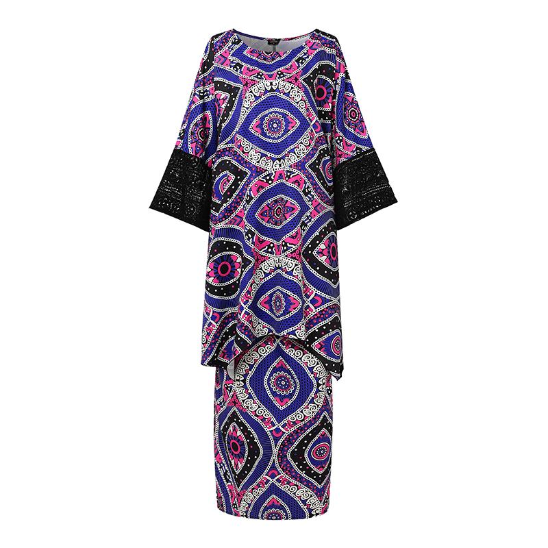 2PCS Women Oversized Lace Batwing Sleeve Long Tops and Skirts Floral Print Sets Two Picecs