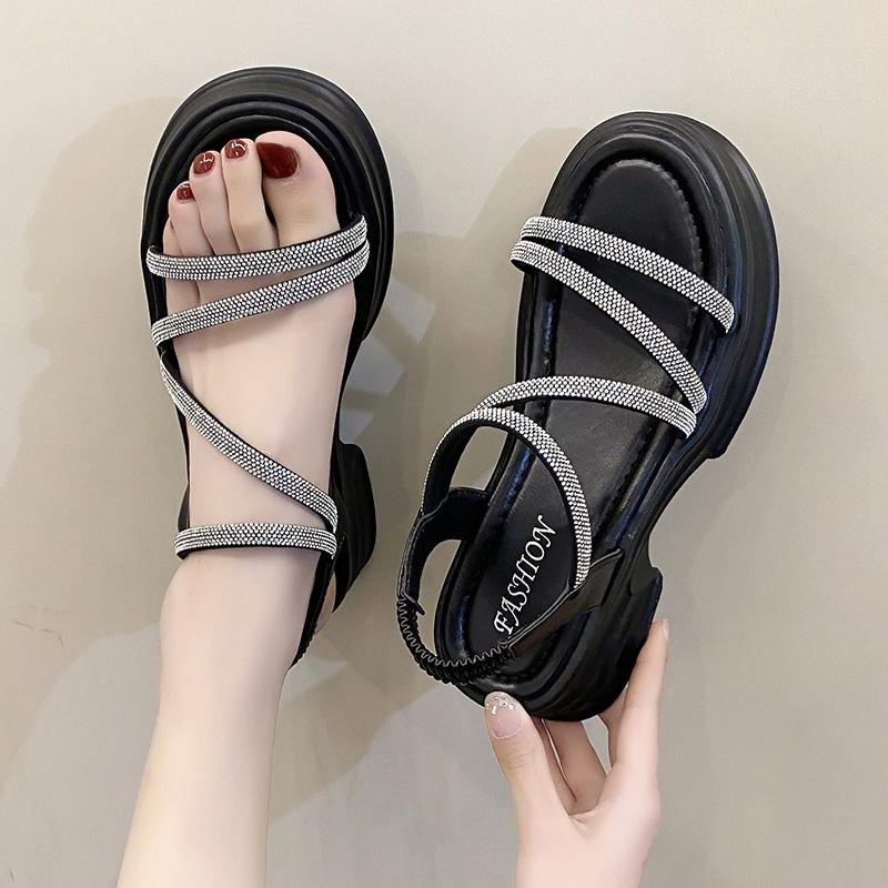 

Leisure Sandals Women Square High Heels Shoes for Women Solid Bling Shine Elastic Band Summer Sandals Plus Size Zapatos De Mujer 35 чёрный