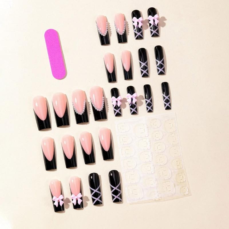 Stylish Long Coffin False Nail Black Glossy Finish Press on Nail with Pink Bows Fase Nail for Fashionable Women Girls