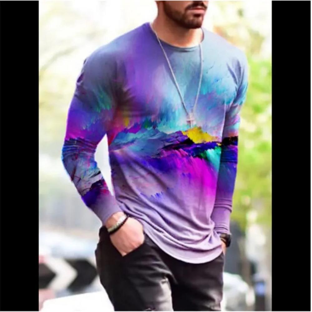 Camiseta masculina retrô com gola redonda e manga comprida, estampa colorida em bloco 3D, primavera, outono, solta, casual, roupa masculina