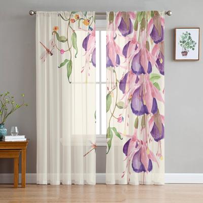 Rideau de fenêtre en tulle à motif de fleurs et de feuilles aquarelles, libellule, cantonnière transparente, pour salon, décoration de la maison