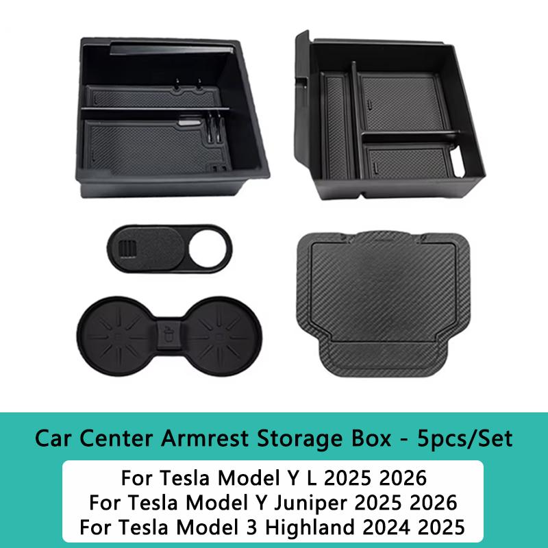 

For Tesla Model Y juniper 2026 Storage Box Model 3 2025 Highland Center Console Armrest Storage Tray Cover Tidying Accessories 5pcs