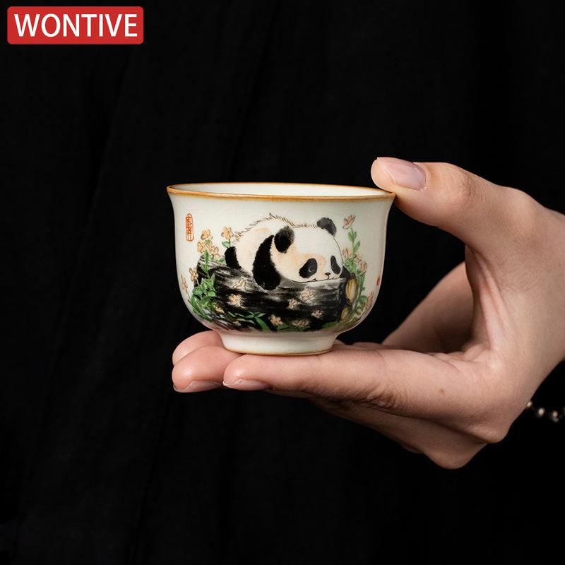 1 Stk. Chinesische Tradition Ru Ofen Keramik Teetasse Handbemalt Niedliche Pandas Teeschale Handgefertigte Teetasse Exquisites Haushalts-Teeset