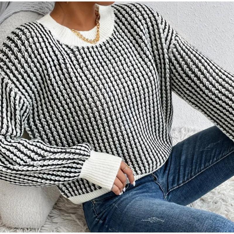Women's Pullover Casual Plaid Thickened Round Neck Loose Ladies Knitwear Spring Autumn