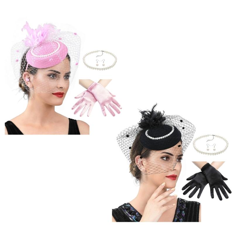 2025 Derby Hat For Women Feather Fascinator Hat and Necklace Earring Lace Short Gloves Set For Teas Party Church Wedding