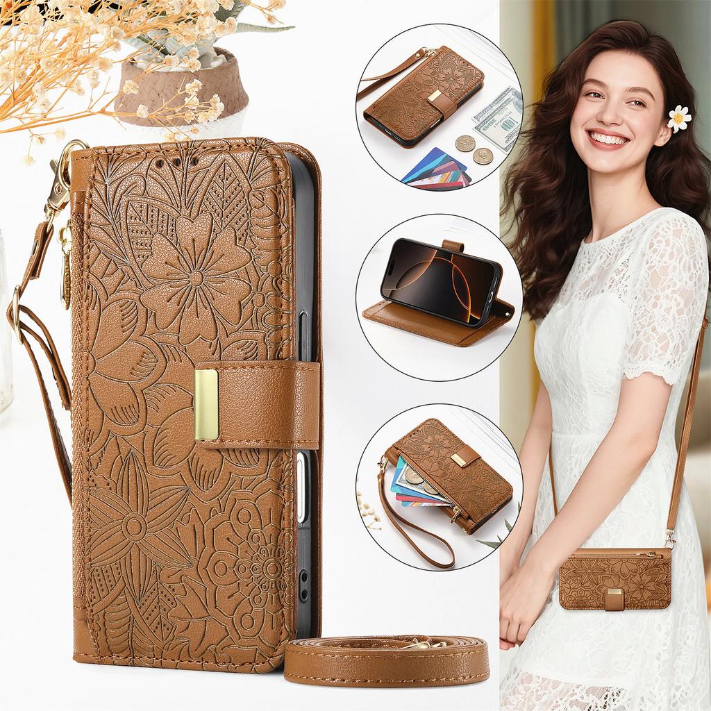 Floral Leather Wallet Case for Samsung Galaxy A05-A71 / S24-S25 series...with Detachable Shoulder Strap