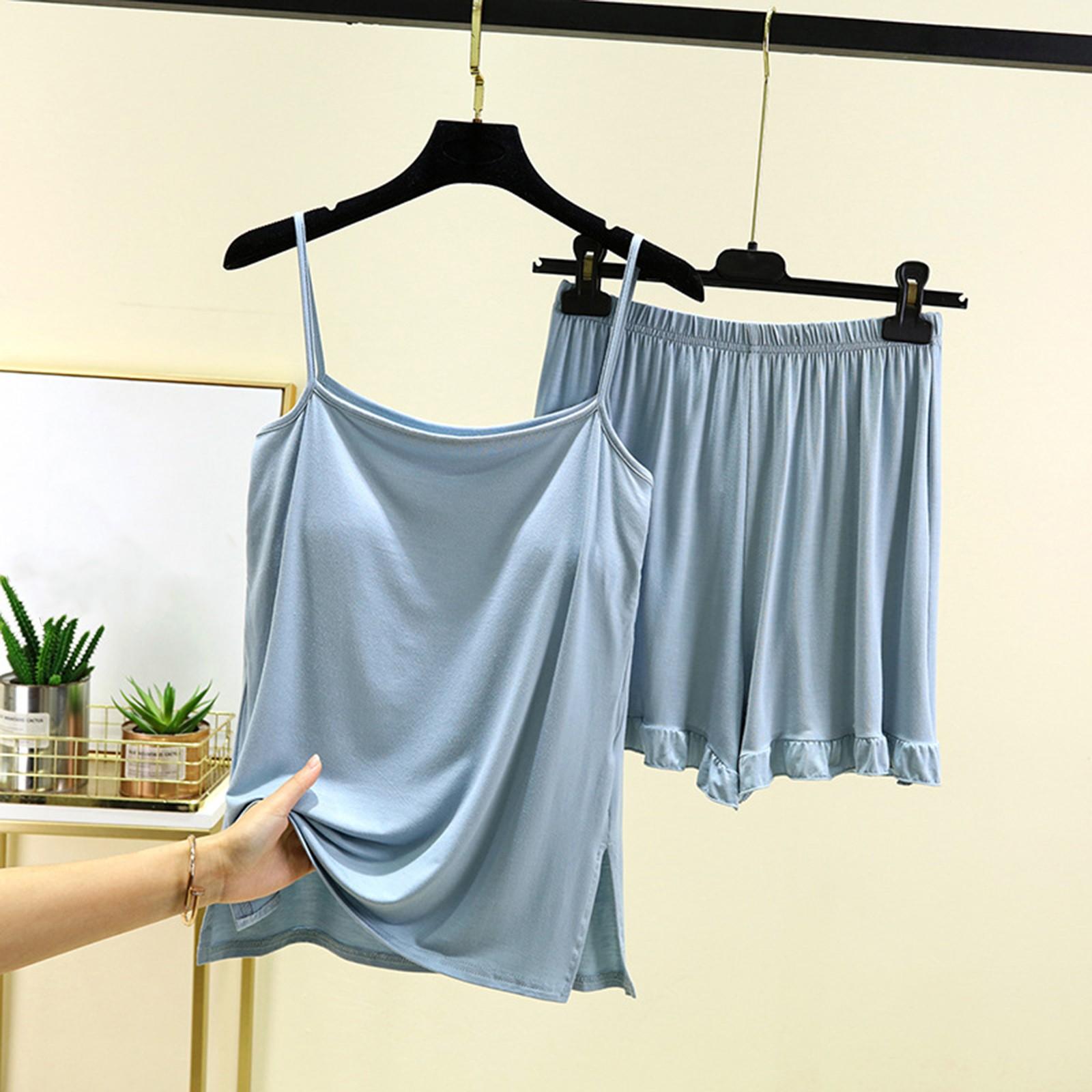 

Ladies Loose Casual Wear With Chest Cushion, Camisole, Shorts, Home Suit Set, Summer Thin Design, Can Be Worn Outside, Color Pajamas M світло-синій колір