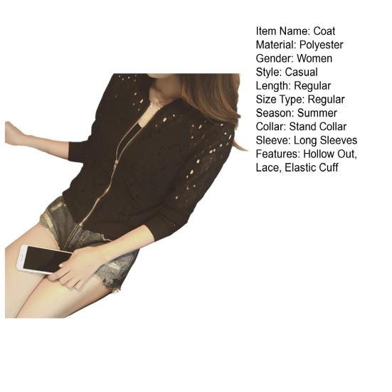 Women Coat Hollow Out Lace Stand Collar Zipper Closure Solid Color Elastic Cuff And